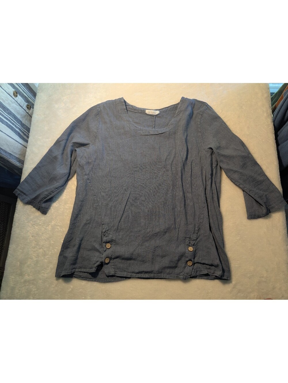 SAGA Italy Blue Linen Button Detail Long Sleeve Top